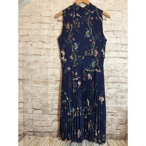 Nanette Leopore Midi Dress Womens 14 Navy Floral Pleated Fit & Flare Mock Neck